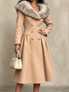 Khaki Elegant Women's Double Button Fitted Waist Faux Fur Collar Midi Overcoat